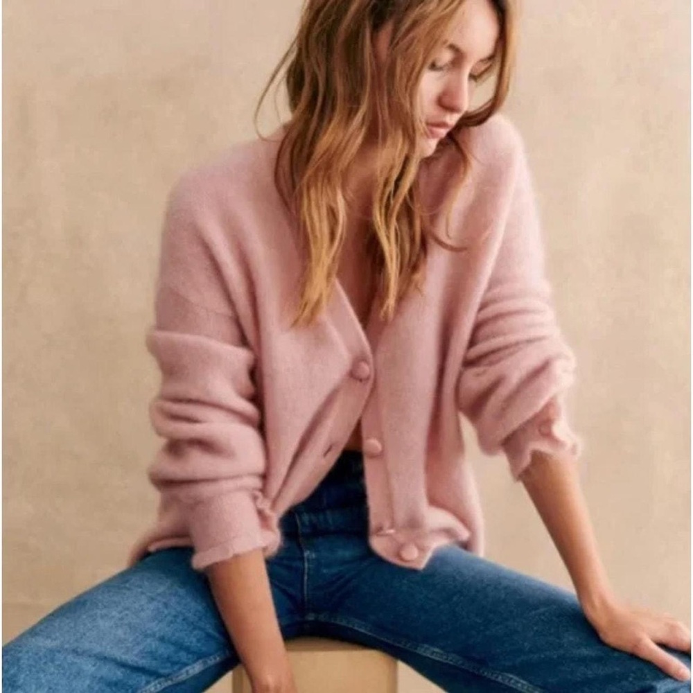 Sezane Mohair Wool Blend Mia Puffy Sleeve Cardigan in Powder Pink, Size XXS